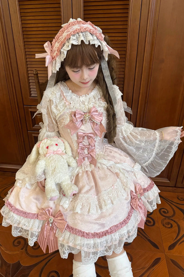 ピンク [Prelude of Ribbons] スクエアカラー ノースリーブ ジャカードフリル 前開きリボンレース パールディテール 花柄 大きめサイズ スウィートロリータ ジャンパースカート（JSK） 商品画像