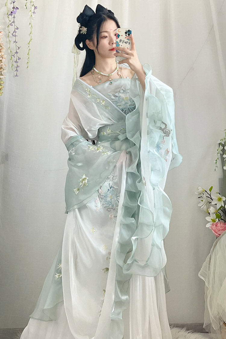 Green High Waisted Print Embroidery Sweet Hanfu Dress Full Set - Product - 2