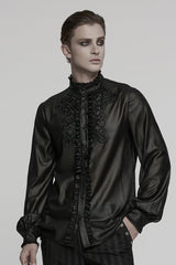 Black Stand Collar Long Sleeves Ruffle Embroidery Men's Gothic Blouse - Product - 2