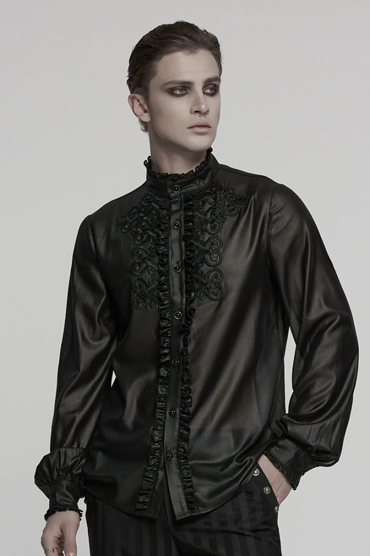 Black Stand Collar Long Sleeves Ruffle Embroidery Men's Gothic Blouse - Product - 2