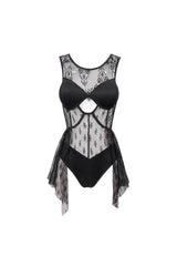 Black Lace Stitching Back Cross Strap Lace Up Women's Gothic One Piece Swimsuit - Product - 6