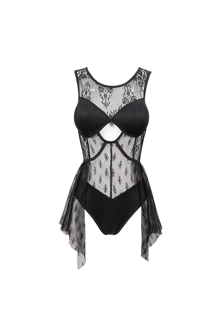 Black Lace Stitching Back Cross Strap Lace Up Women's Gothic One Piece Swimsuit - Product - 6