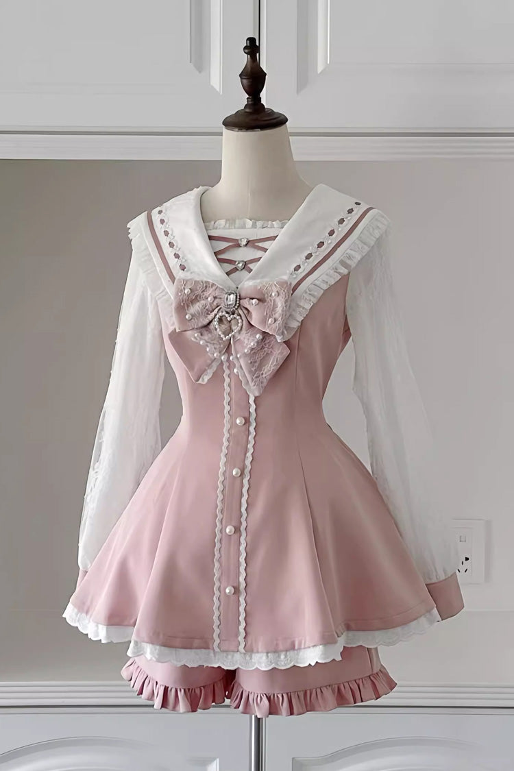 Sweet Long Sleeves Print Bowknot Jirai Kei Japanese Dress Set 3 Colors - Pink - 5