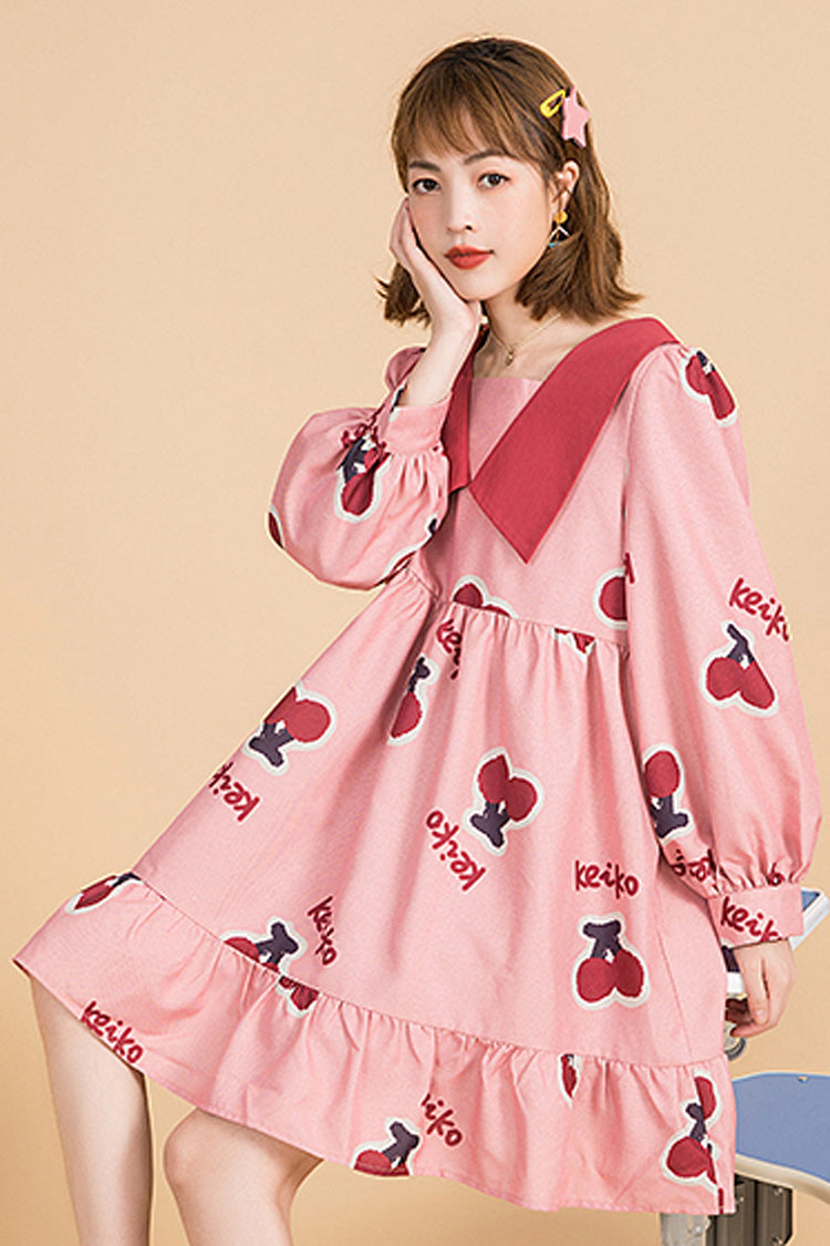 Pink Lapel Collar Long Sleeved Cherry Print Stitching Bowknot Ruffled Slimming Sweet Lolita Dress - Product - 5