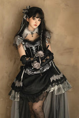 Black [Dark Night Rose] Short Sleeves Print Ruffle Bowknot Lace Asymmetric Gothic Lolita Dress - Product - 10