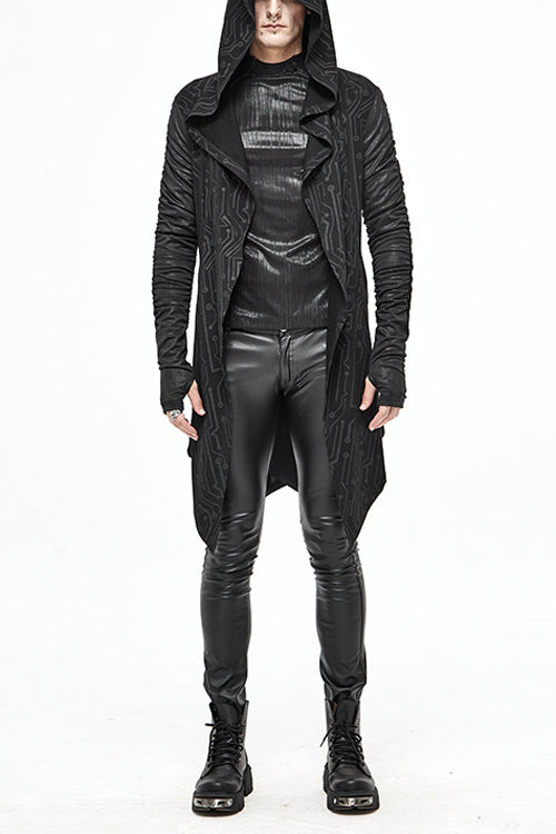 Black Hooded Wrinkled Sleeves Circuit Diagram Print Knit Long Mens Punk Coat - Black - 1