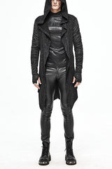 Black Hooded Wrinkled Sleeves Circuit Diagram Print Knit Long Mens Punk Coat - Black - 1