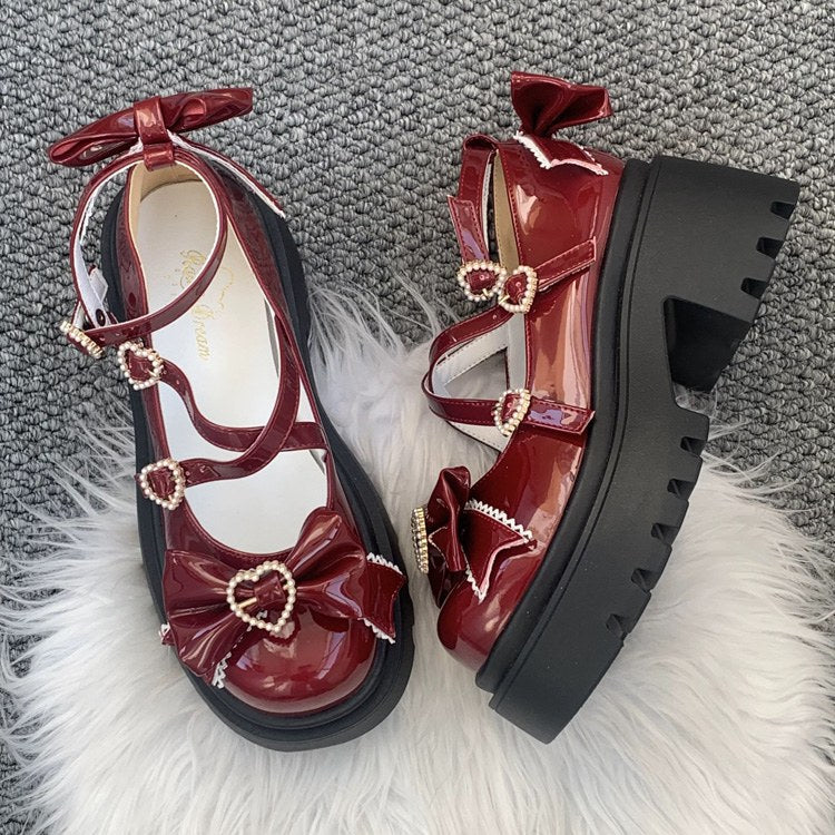 Wine Red Synthetic Leather Cross Straps Bow Lolita Shoes - Product - 3