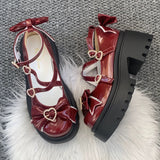 Wine Red Synthetic Leather Cross Straps Bow Lolita Shoes - Product - 3