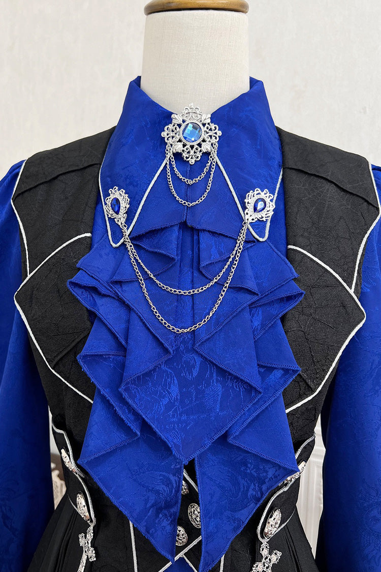 Black/Blue Courtly Knight-Style Long Sleeves Ruffle Embroidery Prince Ouji Lolita Set - Product - 12