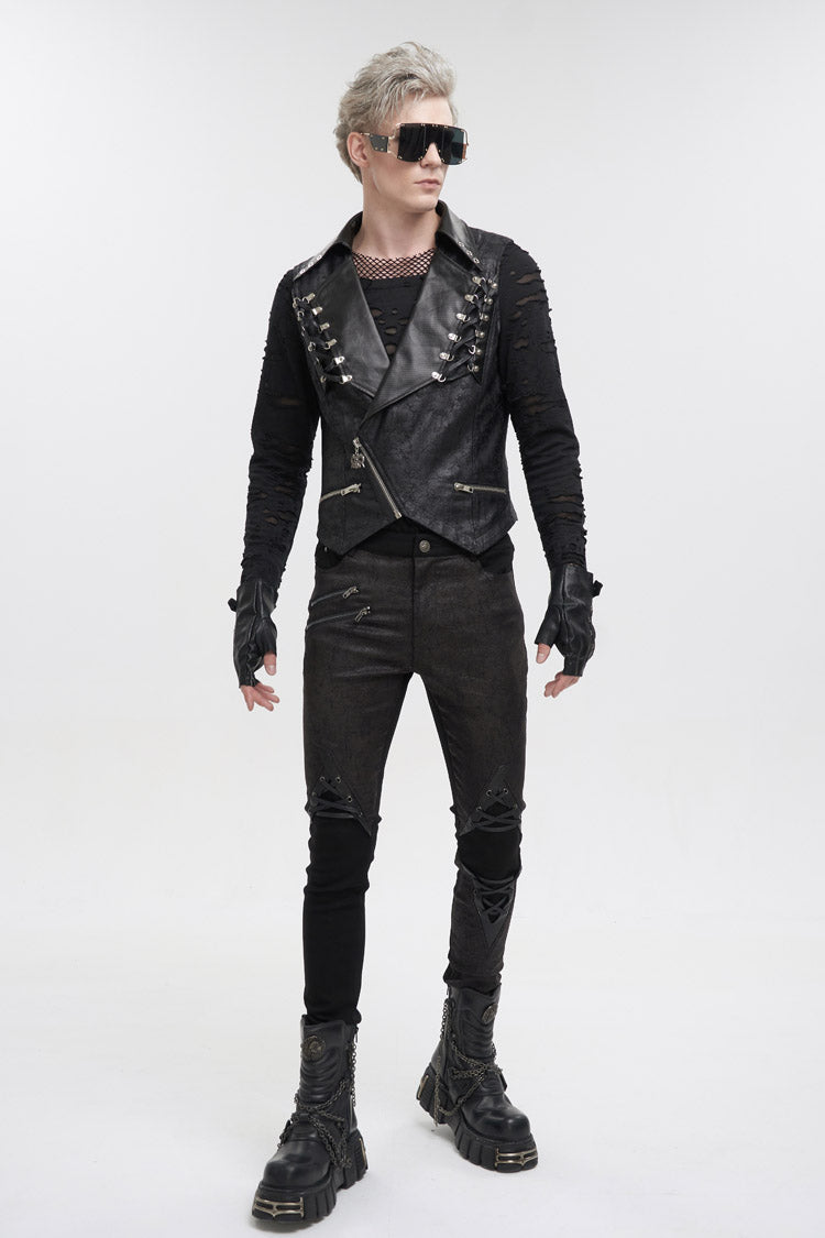 Black Lapel Fitted Atomized Crack Front Chest Crossover Rope Men's Punk Vest - Product - 4