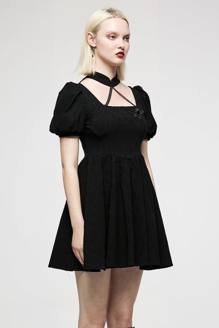 Black Halterneck Puff Sleeves Jacquard Women's Punk Dress - Product - 2