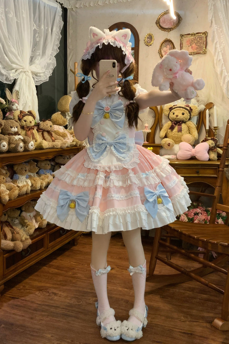 Pink [Meowling Sweet Maid] Sleeveless Multi-Layered Ruffle Bowknot Lace Sweet Princess Lolita Jsk Dress - Product - 6