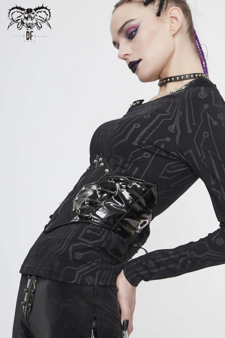 Black Patchwork Lace-Up Slim Fit Studded Zippered Women's Gothic Cool Accessory Corset Belt - Product - 5