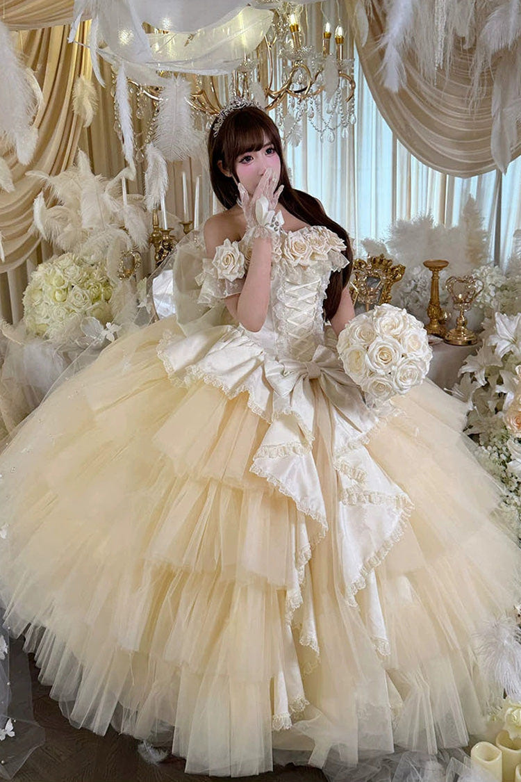 Apricot [Heart’s Beloved Rose] Sleeveless Ruffled Hanayome Bow Lace Lace-Up Sweet Lolita Jsk long Dress - Product - 5