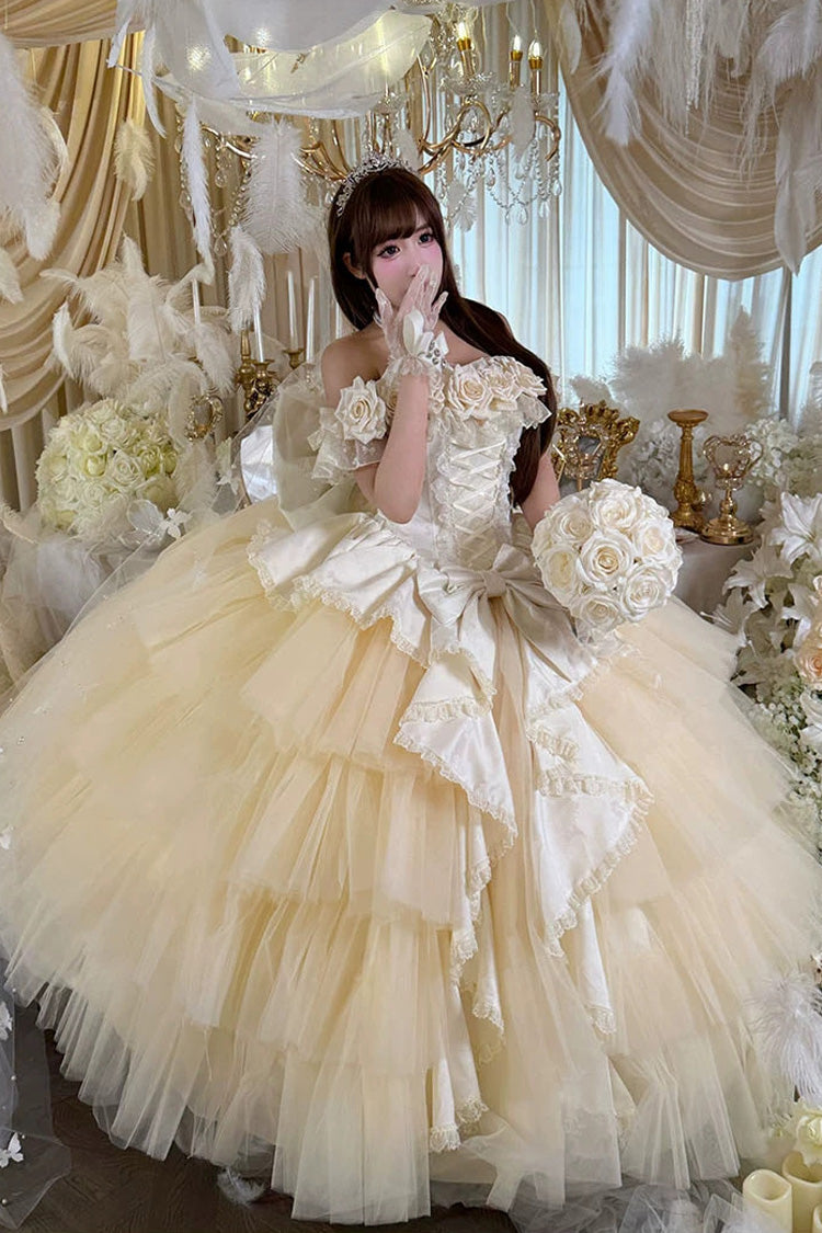 Apricot [Heart’s Beloved Rose] Sleeveless Ruffled Hanayome Bow Lace Lace-Up Sweet Lolita Jsk long Dress - Product - 5