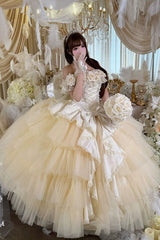 Apricot [Heart’s Beloved Rose] Sleeveless Ruffled Hanayome Bow Lace Lace-Up Sweet Lolita Jsk long Dress - Product - 5
