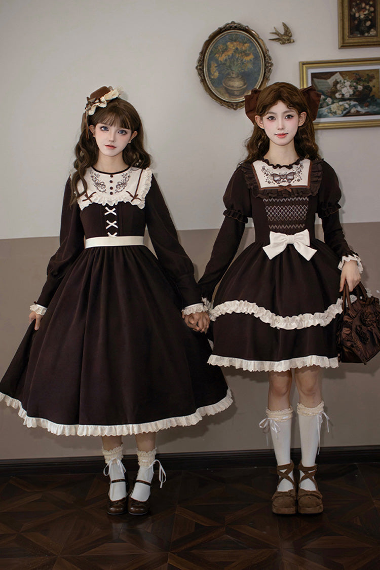 Brown [Miss Brown] Long Sleeves Ruffle Bouquet Embroidery Sweet Lolita Dress (Long Version) - Product - 7