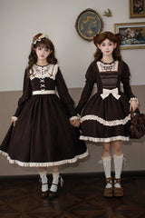 Brown [Miss Brown] Long Sleeves Double-Layered Ruffle Bouquet Embroidery Bowknot Sweet Lolita Dress (Short Version) - Product - 6