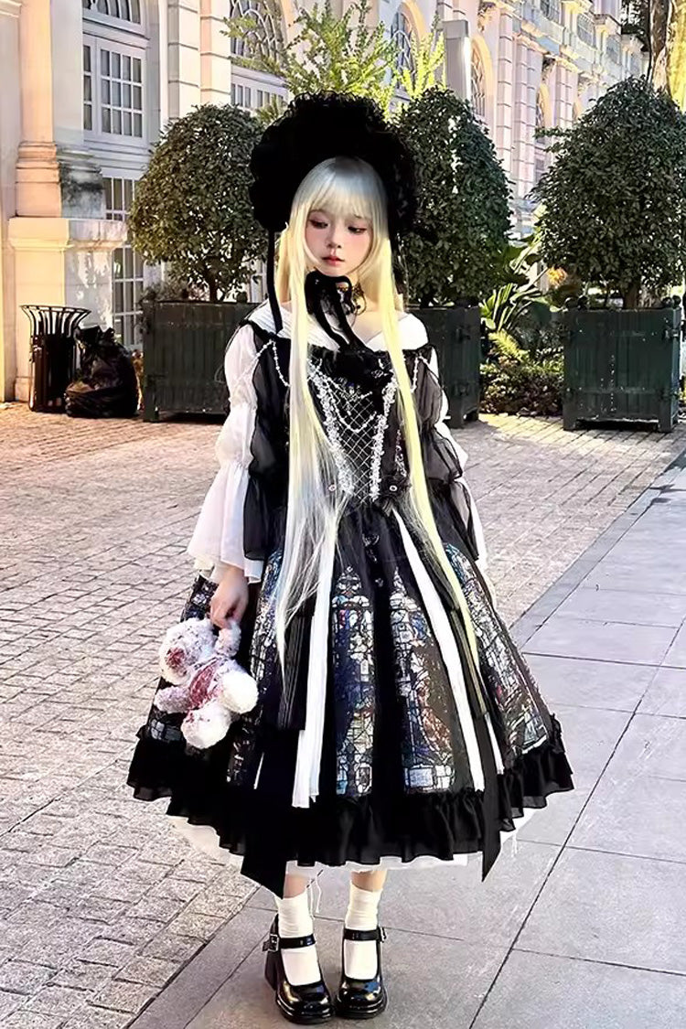 Black Stained Window Print Ruffle Bowknot Gothic Elegant Lolita Jsk Dress - Product - 13
