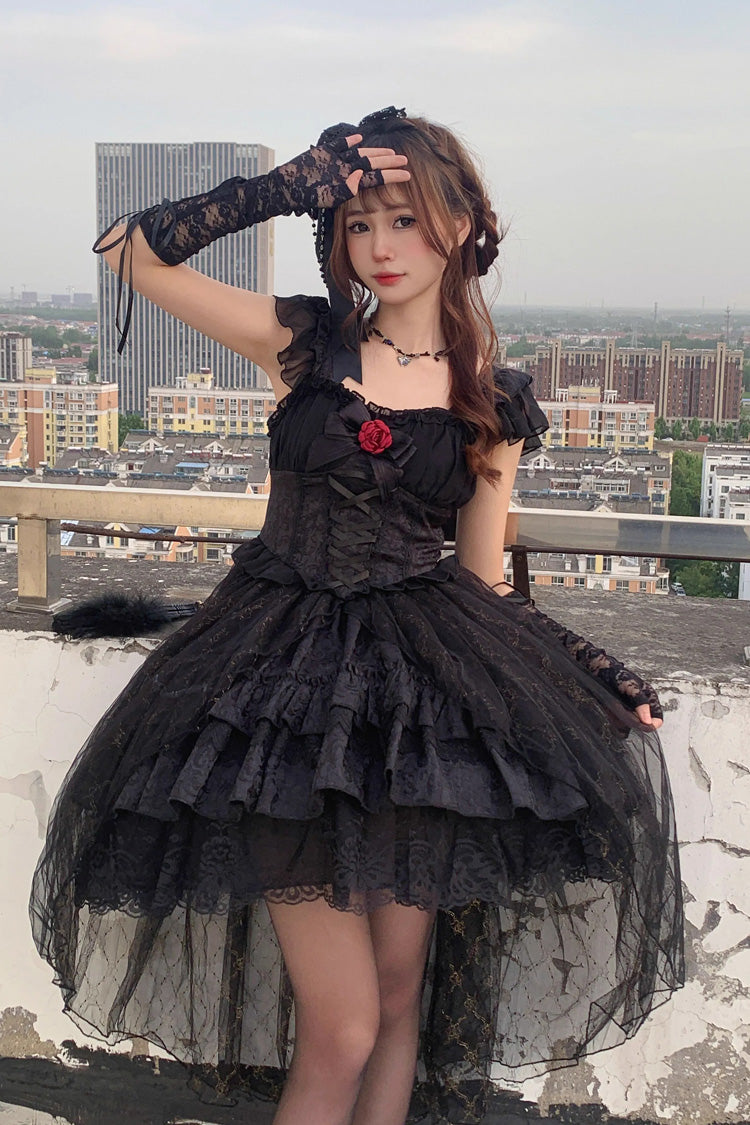 Black Short Sleeves Ruffle Rose Bowknot Elegant Princess Gothic Lolita Tiered Dress - Product - 8