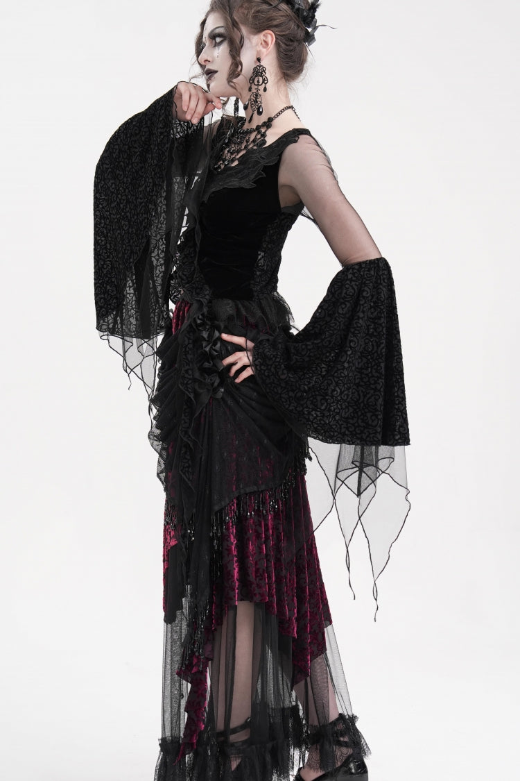 Black Long Sleeves Embroidery Mesh Ripped Women's Gothic Crop Top - Product - 6
