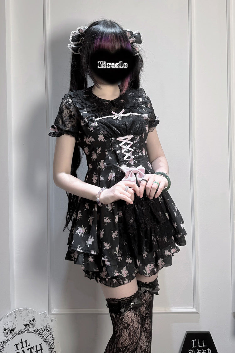 [Rose Letter] Peter Pan Collar Short Sleeves Double-Layered Printed Ruffled Open-Front Lace-Up Sweet Jirai Kei Dress Set 2 Colors - Product - 11