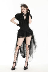 Black Multi-Layered Deep V Collar Pleated Short Puff Sleeves Lace-Up Gothic Blouse - Black - 1