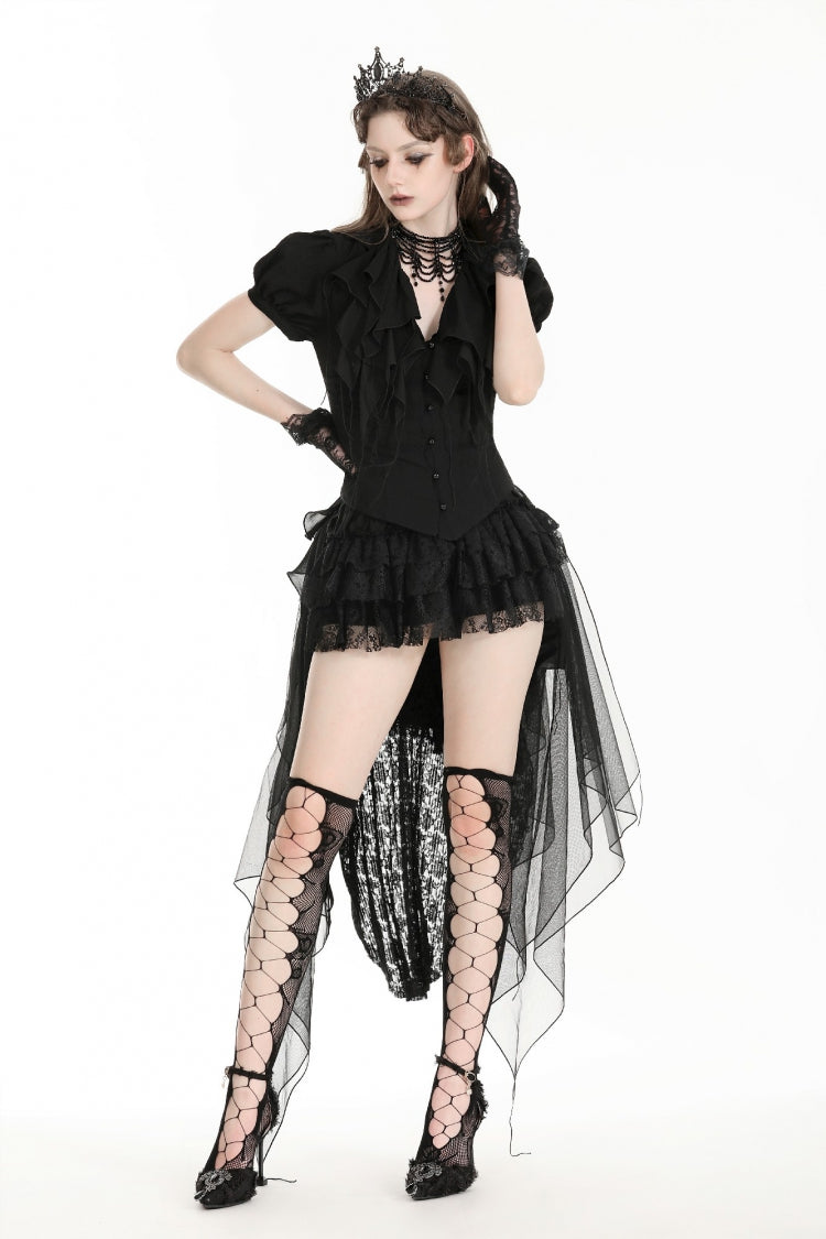 Black Multi-Layered Deep V Collar Pleated Short Puff Sleeves Lace-Up Gothic Blouse - Black - 1