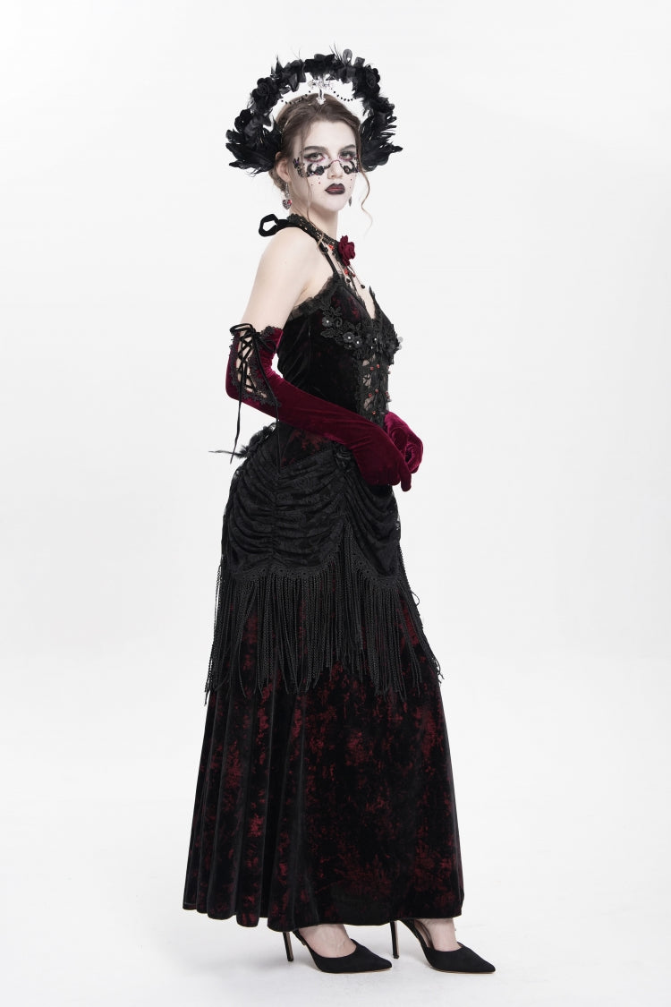 Red Sleeveless Hollow Floral Embroidery Lace-Up Pleated Women's Gothic Maxi Dress - Product - 3