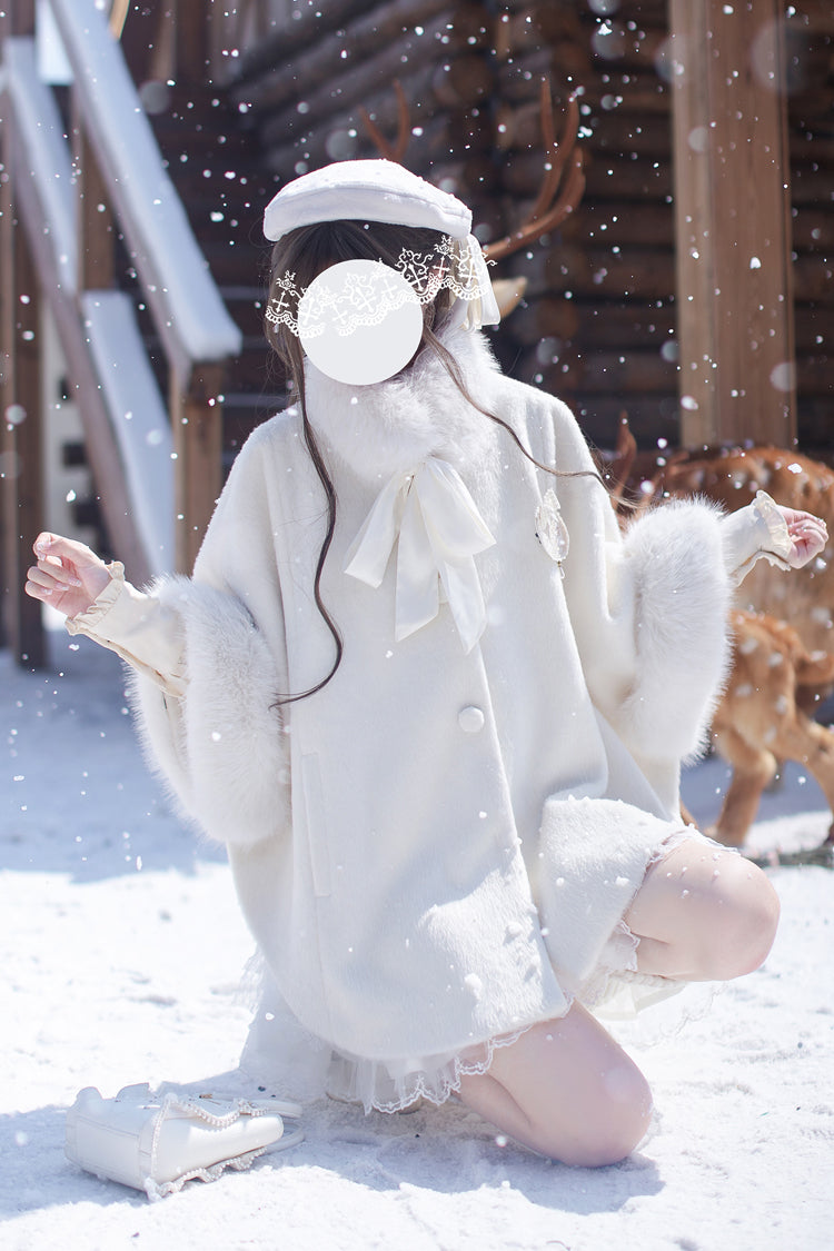 White Long Sleeves Lace Sweet Japanese Lolita Fluffy Cloak Coat - Product - 5