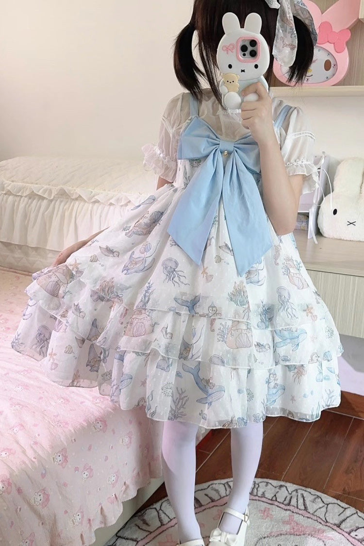 [Ocean Sweetheart] Halterneck Sleeveless Triple-Layered Printed Ruffled Bow Lace Sweet Lolita Strap Dress 5 Colors - Product - 9