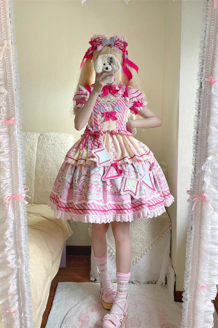 Yellow/Pink Candy Park Print Ruffle Bowknot Sweet Lolita Jsk Dress - Product - 4
