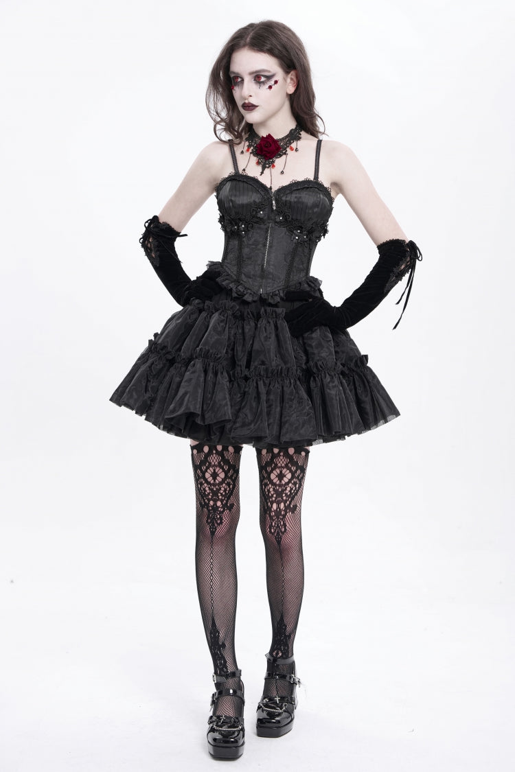 Black Sleeveless Ruffle Embroidery Lace-Up Women's Gothic Tank Top - Product - 7