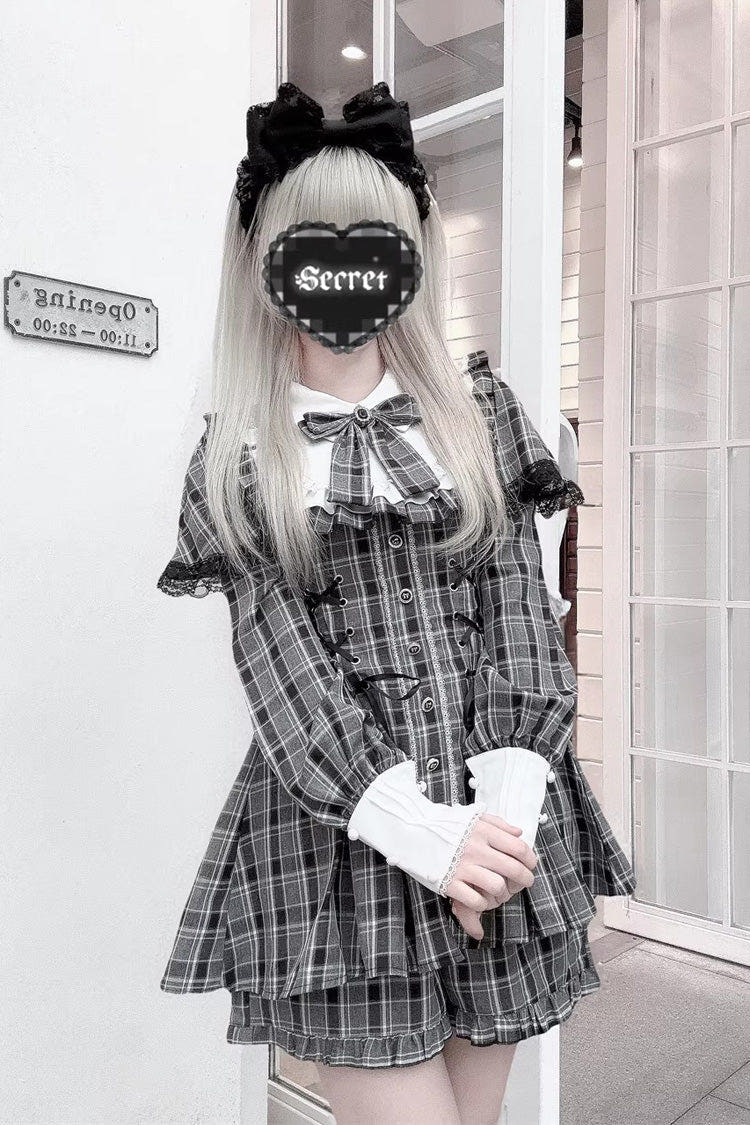 [Twilight Reimi] Long Sleeves Printed Ruffled Bow Lace Sweet Jirai Kei Japanese Dress Shorts Set 4 Colors - Plaid-Print - 1