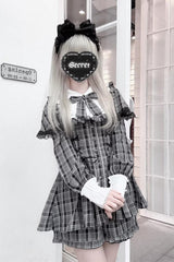 [Twilight Reimi] Long Sleeves Printed Ruffled Bow Lace Sweet Jirai Kei Japanese Dress Shorts Set 4 Colors - Plaid-Print - 1