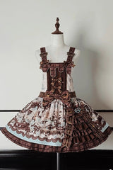 Brown [Teddy Bear Chocolate] Sleeveless Print Ruffle Side Cardigan Bowknot Asymmetric Sweet Lolita Strap Dress - Product - 3