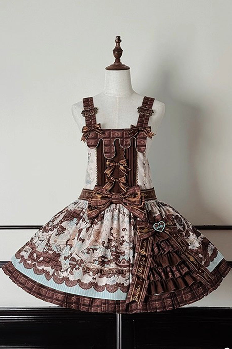 Brown [Teddy Bear Chocolate] Sleeveless Print Ruffle Side Cardigan Bowknot Asymmetric Sweet Lolita Strap Dress - Product - 3
