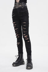 Black High Waisted Loophole Ripped Buckle Women's Punk Pants - Product - 3