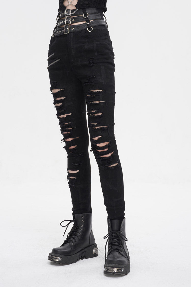 Black High Waisted Loophole Ripped Buckle Women's Punk Pants - Product - 3