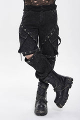 Black Spliced Detachable Studded Eyelet Men's Punk Cool Pants With Big Pockets - Product - 12