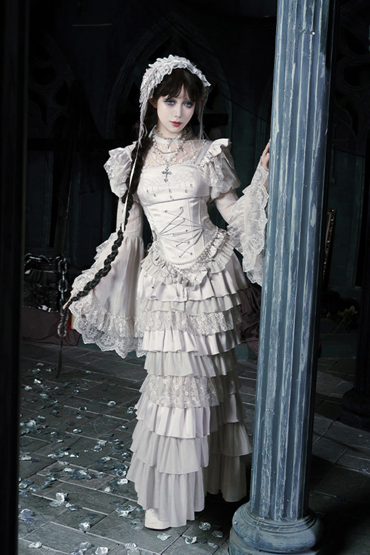Solid Color [Bionic Doll] Square Collar Multi-Layered Ruffle Bowknot Lace-Up Gothic Lolita Fishtail Skirt Corset Set - Product - 4