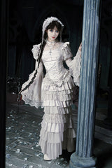 Solid Color [Bionic Doll] Square Collar Multi-Layered Ruffle Bowknot Lace-Up Gothic Lolita Fishtail Skirt Corset Set - Product - 4