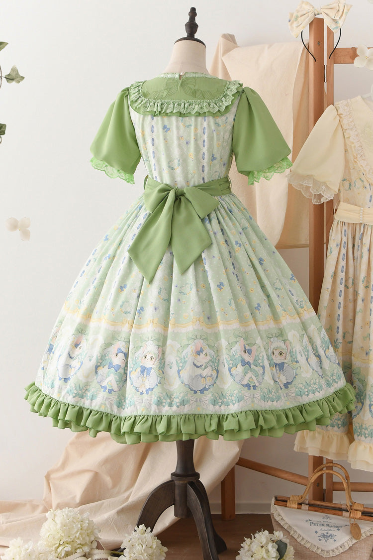 Green [Lily of the Valley Cat] Print Ruffle Embroidery Bowknot Sweet Lolita Dress - Product - 8