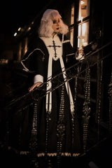 Black [Nun] Long Sleeves Print Stitching Lace Gothic Elegant Lolita Dress - Product - 4