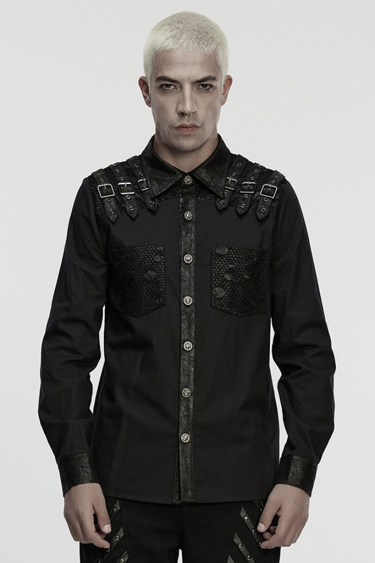 Black Lapel Collar Long Sleeves Stitching Buckle Straps Men's Punk Blouse - Black - 1