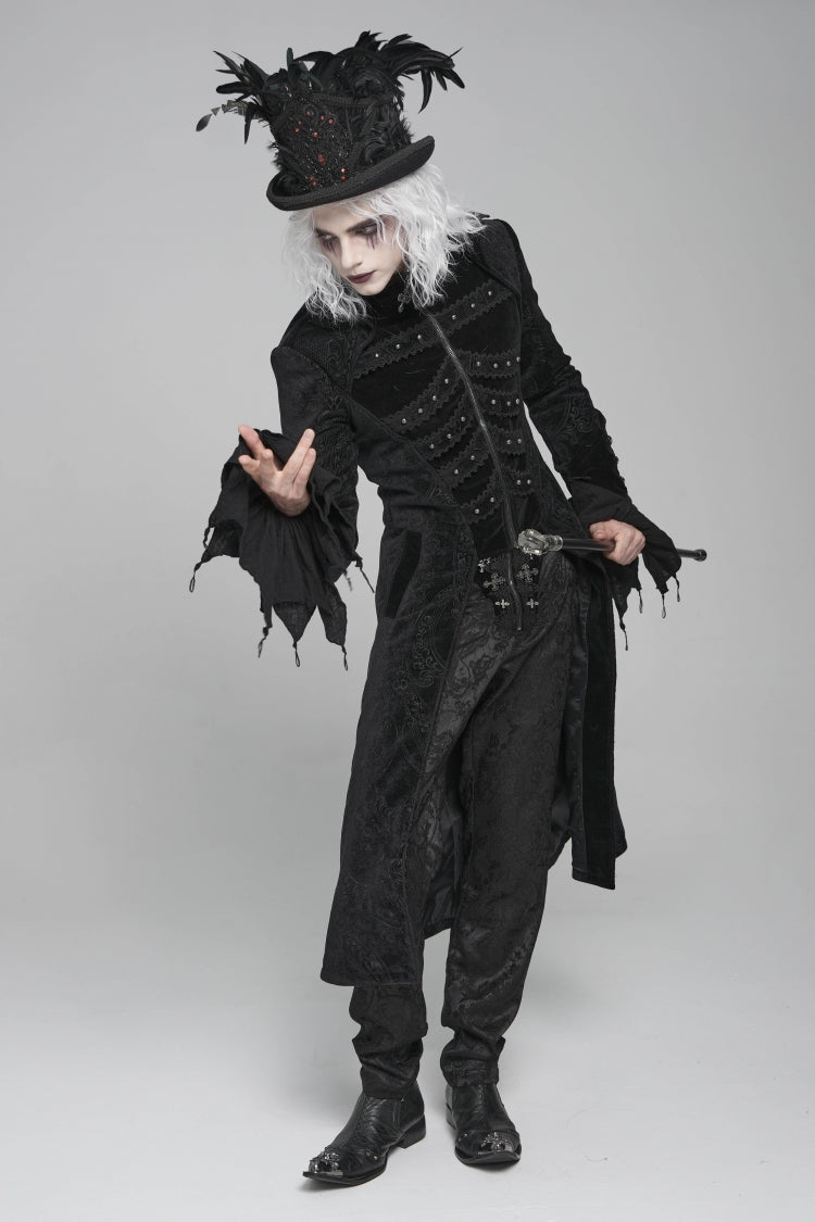 Black Diamante Stand Collar Long Sleeves Printed Zippered Men's Gothic Long Coat - Product - 12