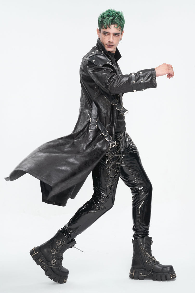 Black Stand Collar Multi Buckle Faux Long Leather Men's Punk Coat - Product - 4