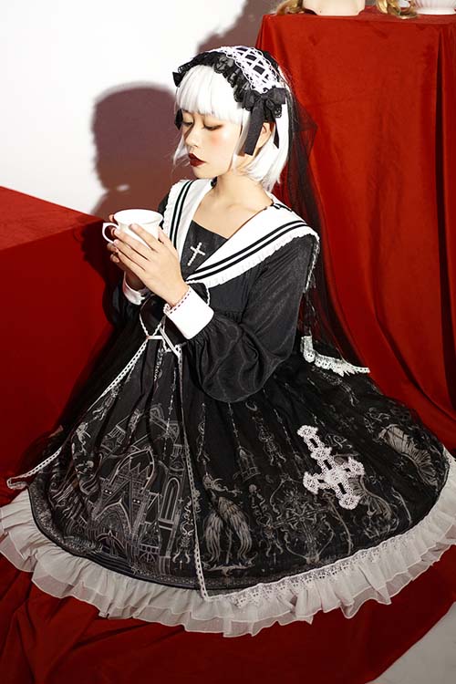 Black With Bow ON Chest Cross Print Gothic Lolita OP Dress - Product - 4