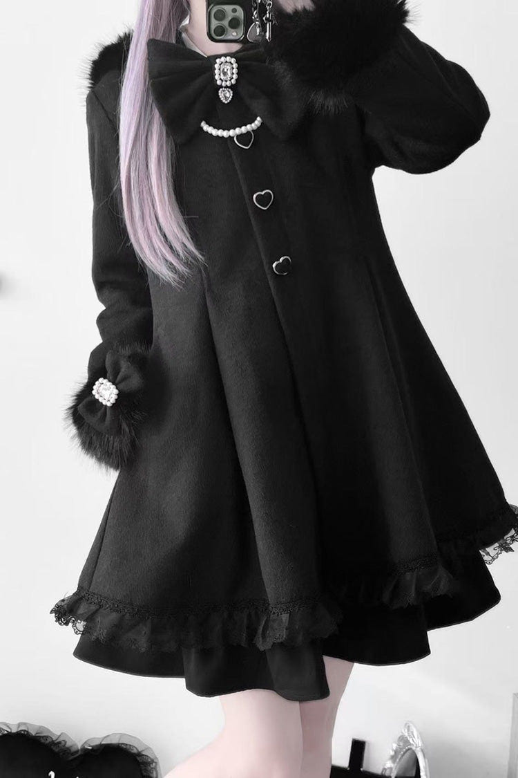Black Long Sleeves Bowknot Rabbit Ears Detachable Hooded Japanese Jirai Kei Coat - Product - 10